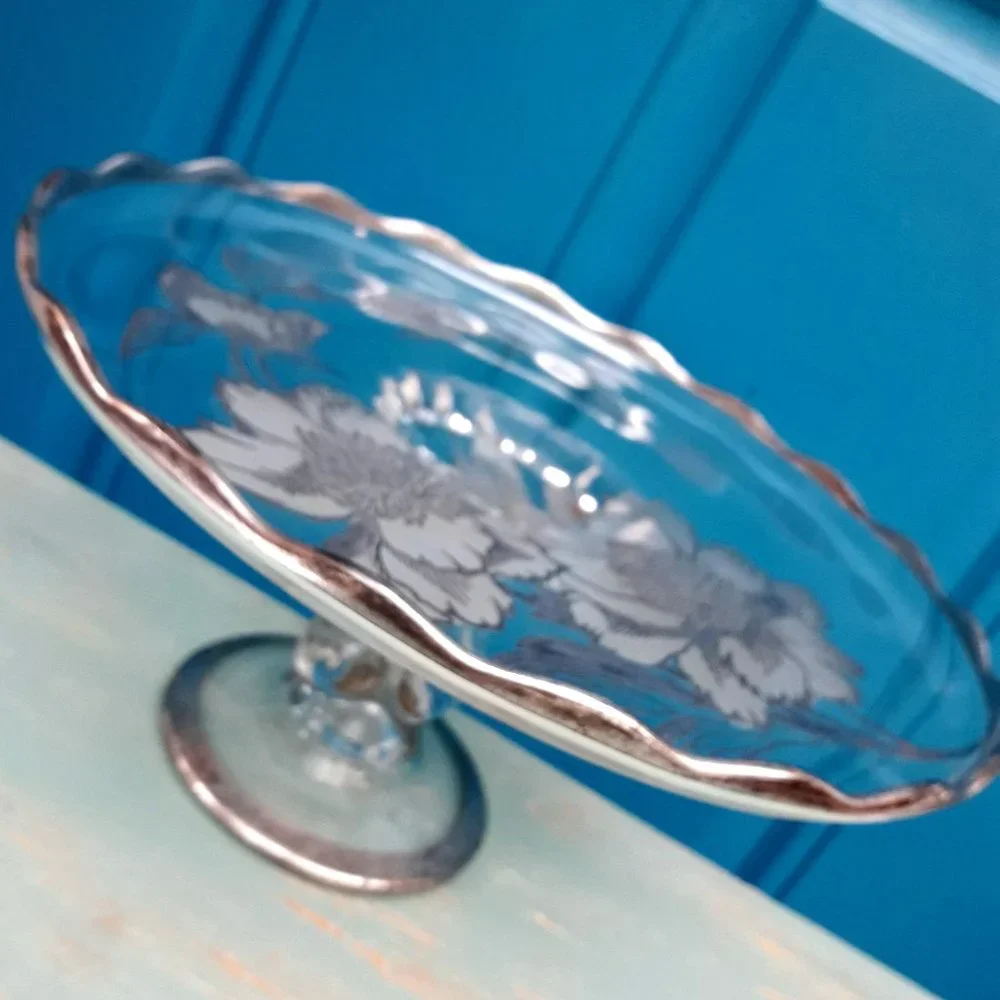 Vintage Cake Stand Glass Pedestal Elevated Display Dish Silver Rim inlay Flowers